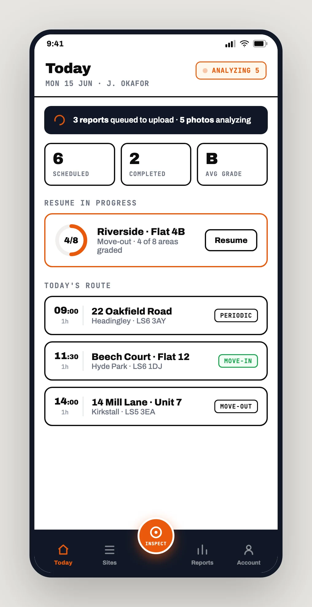 Today screen showing the day’s inspection route, resume-in-progress card, and an upload and analysis status banner