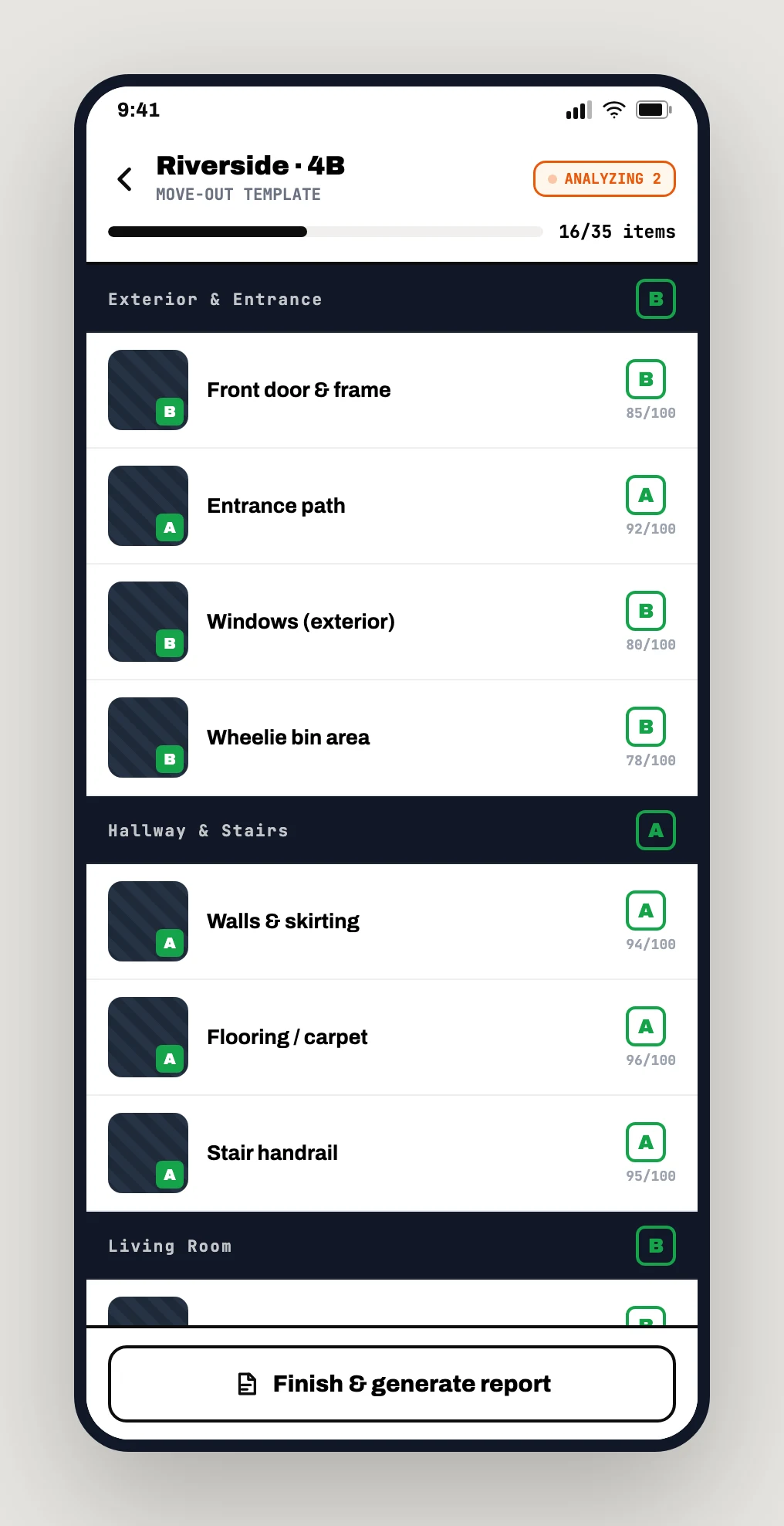 Area checklist screen with per-item condition grades and analyzing states