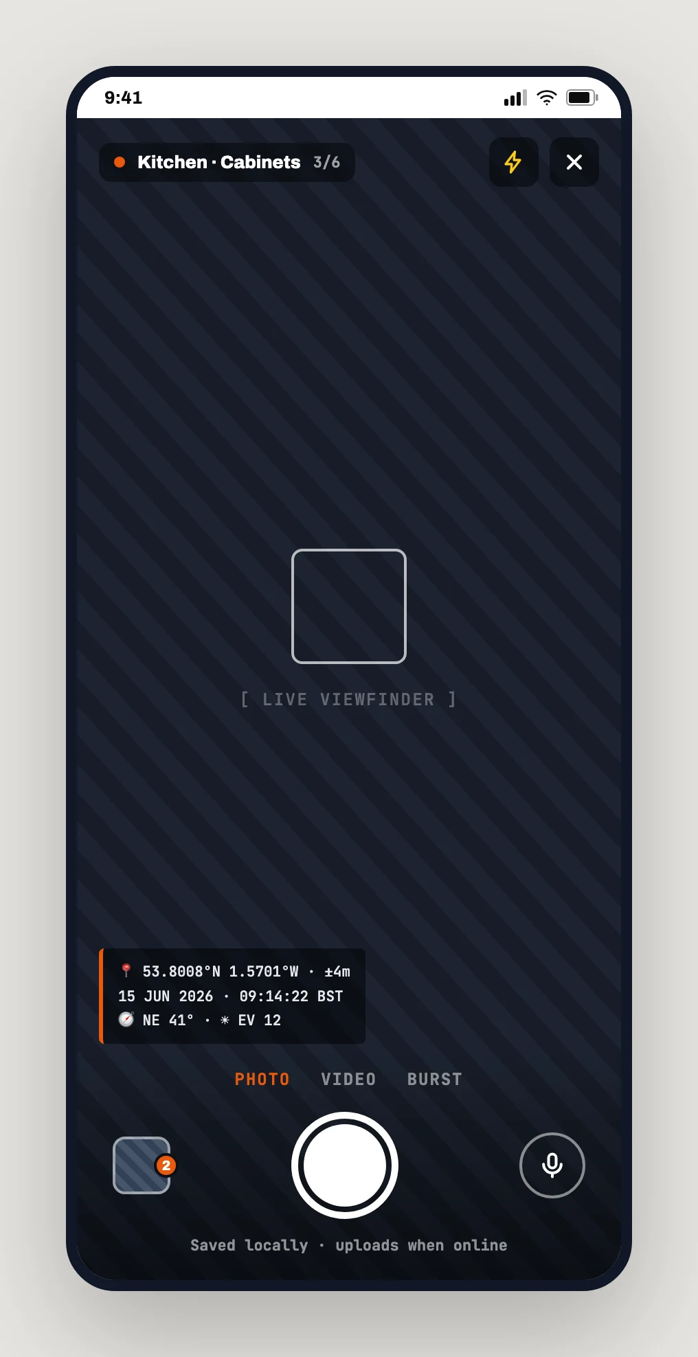 Full-bleed camera capture screen with a geotag, timestamp, and compass stamp overlay