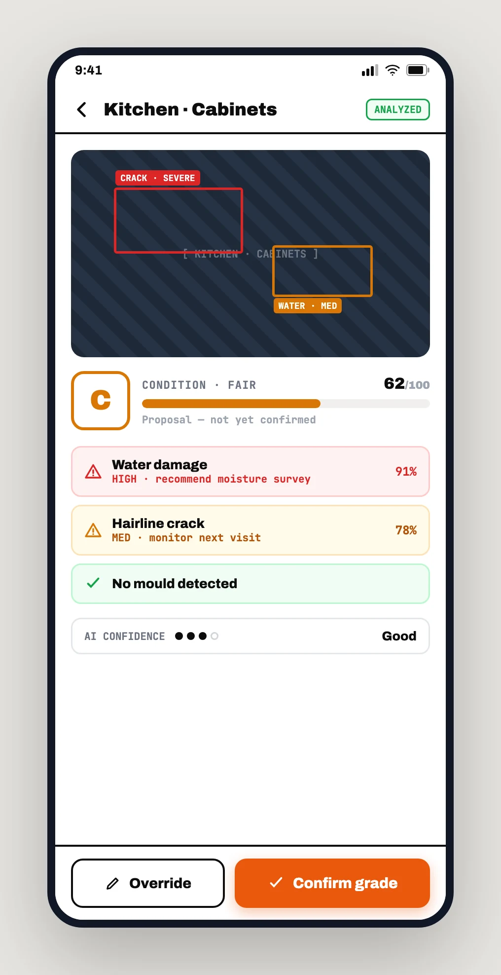 AI condition rating screen with bounding boxes over defects, a grade of C, a defect list, and confirm or override buttons