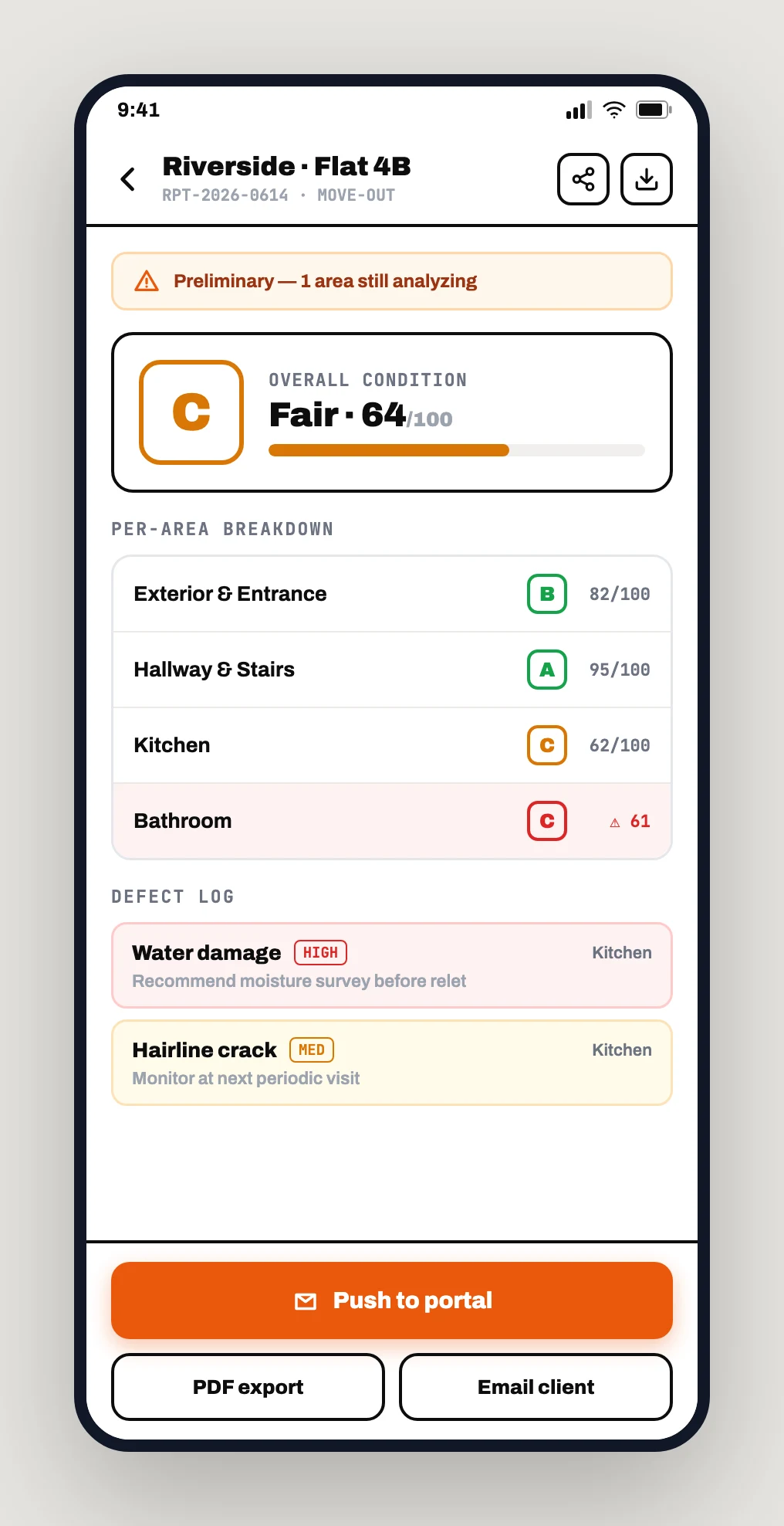Report detail screen with overall condition grade, per-area breakdown, and defect log