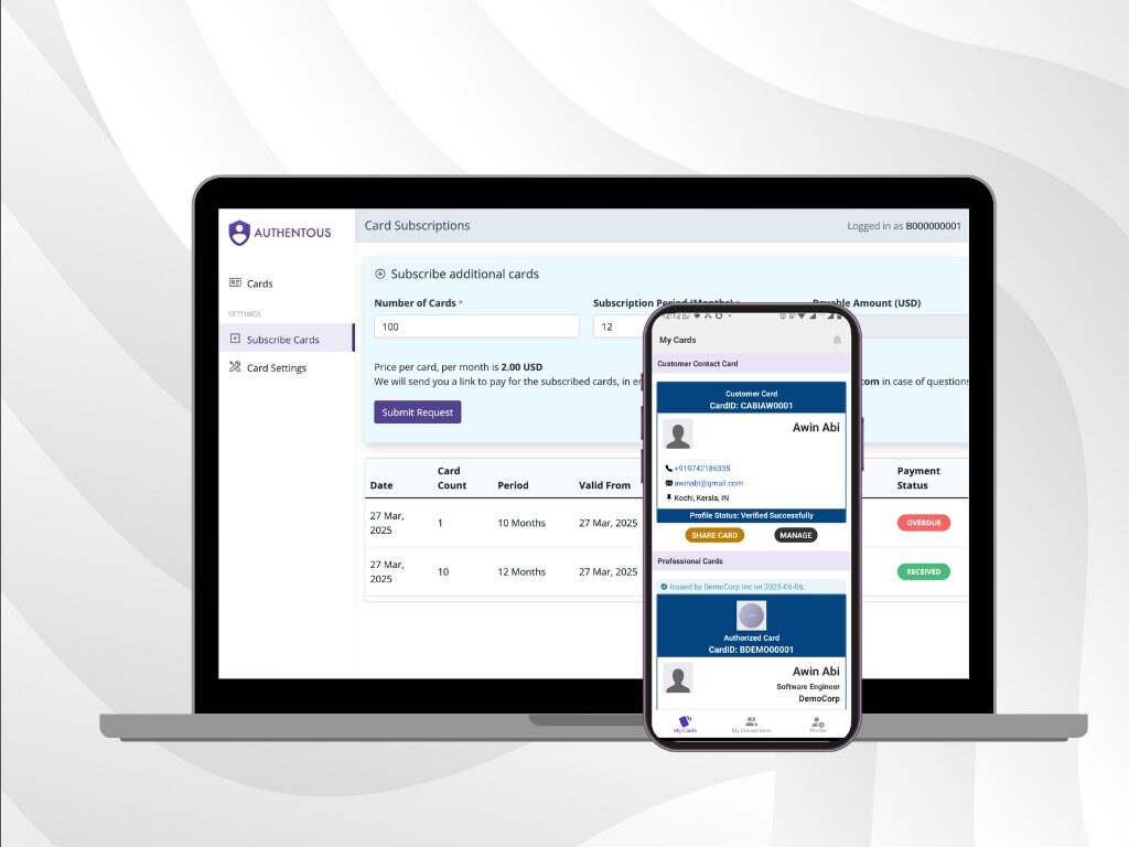 Authentous running on desktop and mobile — the enterprise portal alongside the cards app