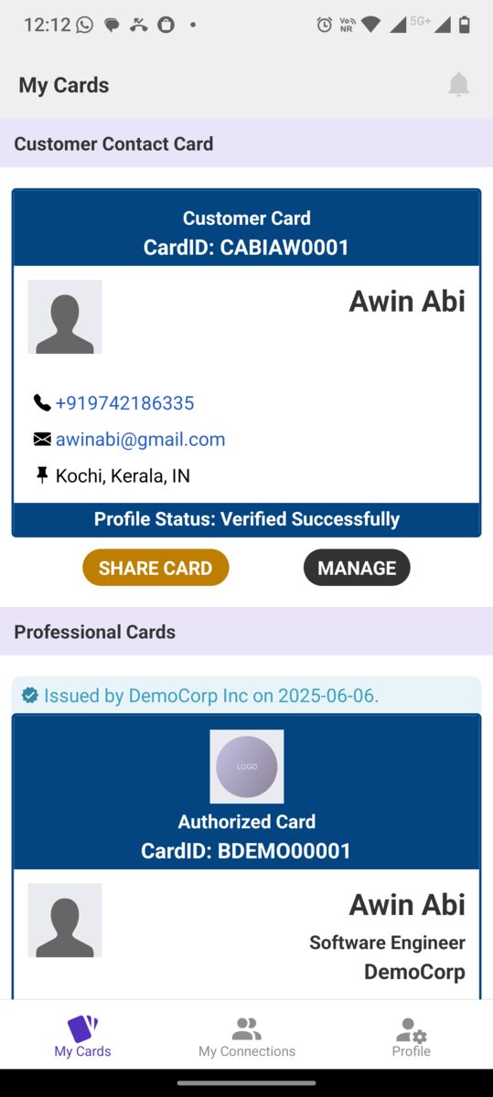 My Cards in the Authentous mobile app, showing a verified customer contact card and a company-issued professional card
