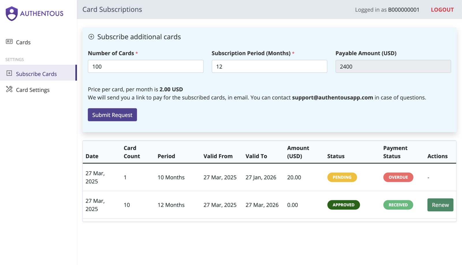 Card subscriptions screen in the Authentous web portal, with card counts, periods, and payment status