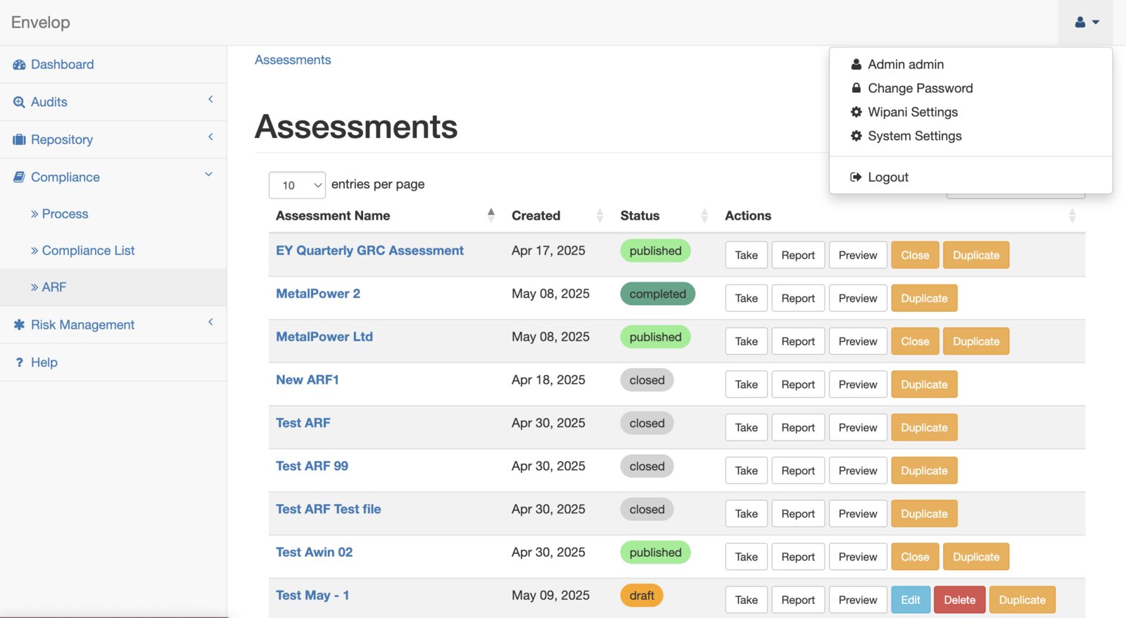 Envelop assessments list showing ARF assessments with published, completed, closed, and draft states