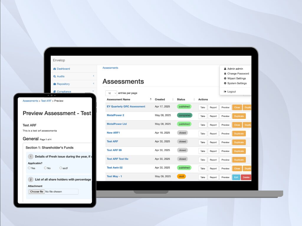 Envelop running on desktop and tablet, showing the assessments list and an assessment preview