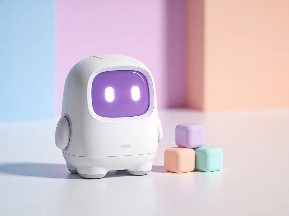 A friendly white desktop robot beside a small stack of pastel building blocks