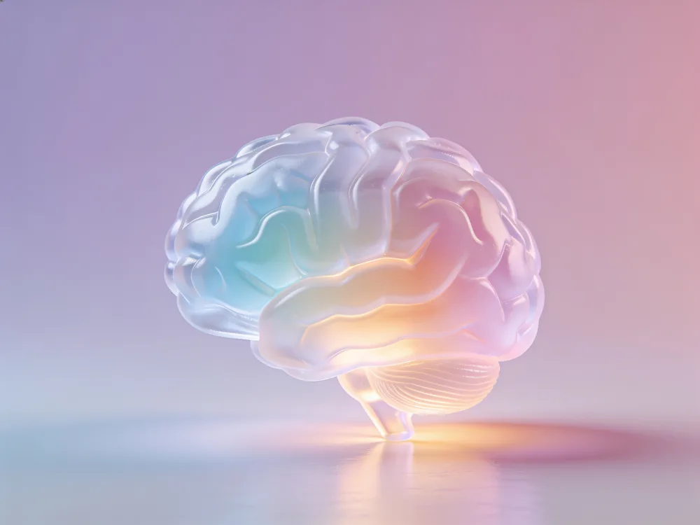 A softly glowing translucent brain sculpture in pastel gradient tones