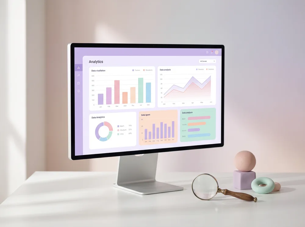 A magnifying glass over a pastel dashboard with charts and a search bar
