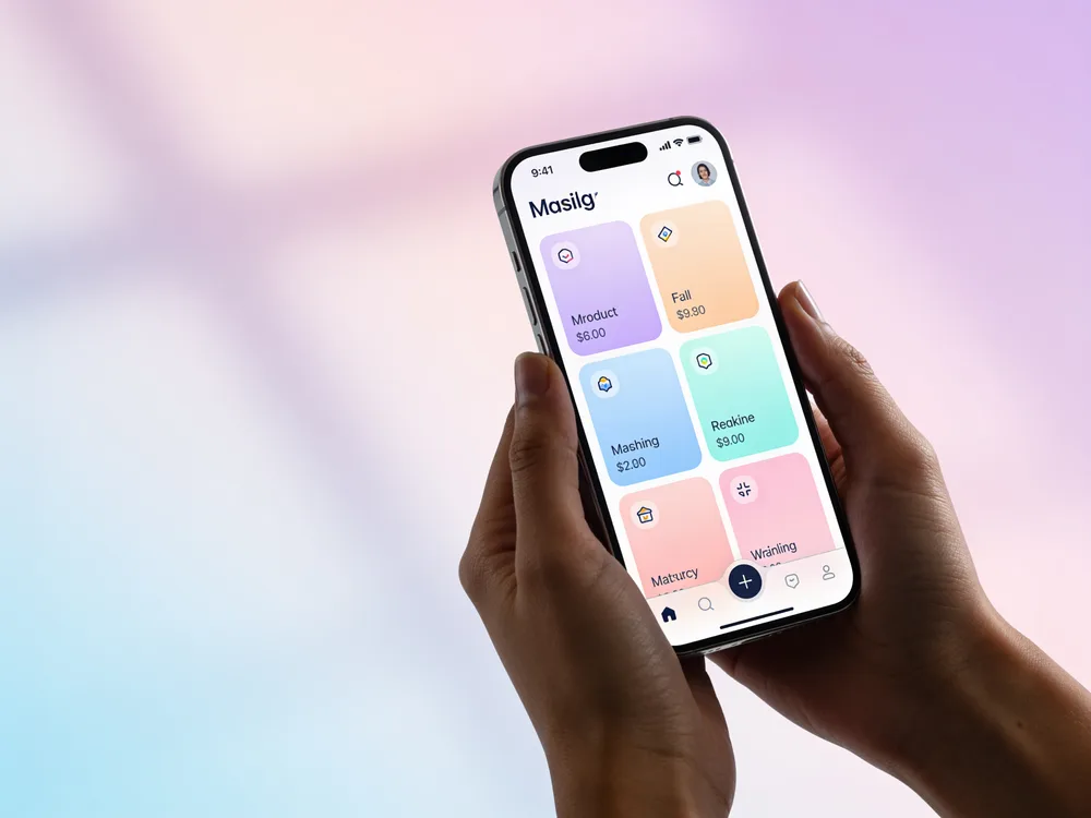 Hands holding a smartphone showing a clean pastel mobile app interface