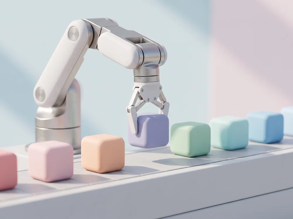 A robotic arm moving pastel blocks along a smooth conveyor