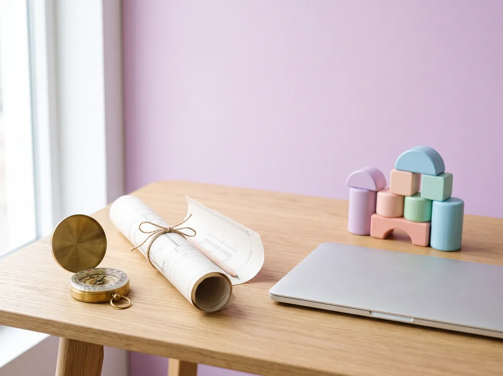 A brass compass and blueprint beside pastel blocks stacked like bricks