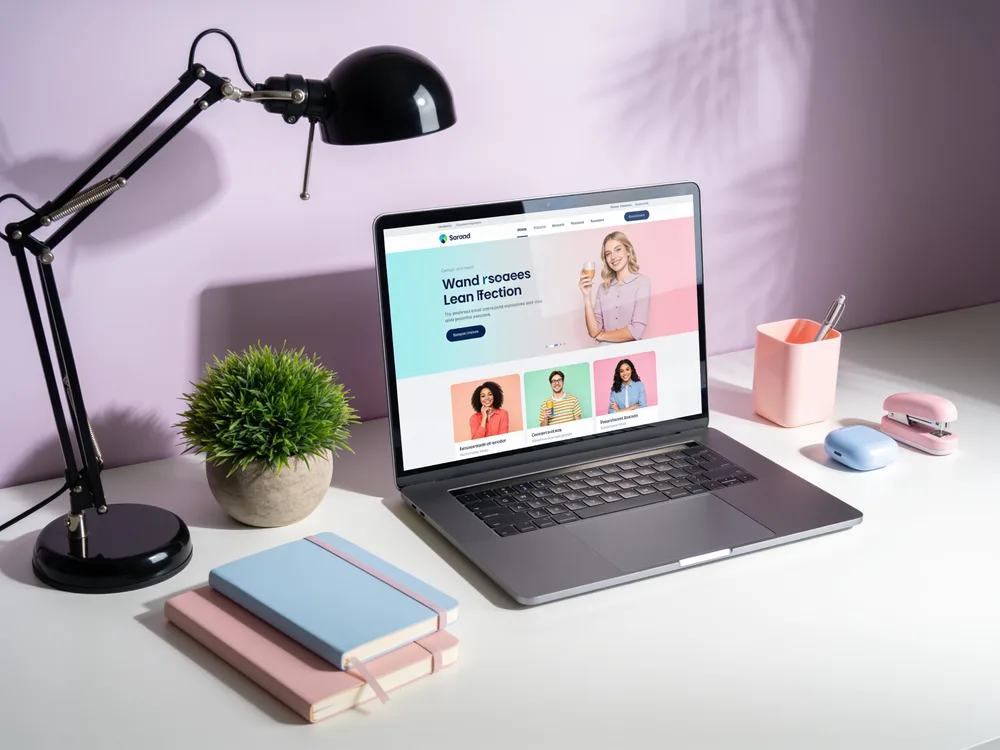 A modern laptop on a clean pastel desk displaying a website interface