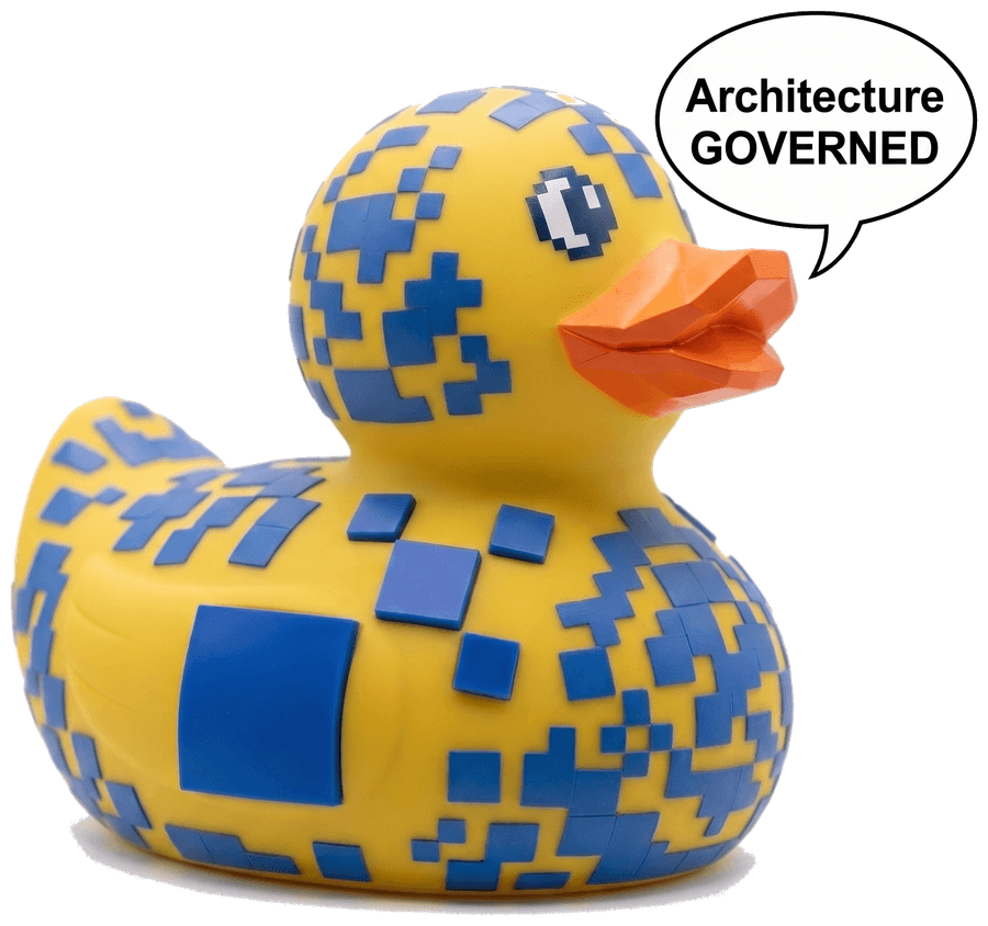 The Vibe Architect — a rubber duck patterned with pixel-square blocks saying 'Architecture GOVERNED', a nod to rubber-duck debugging and building brick by brick
